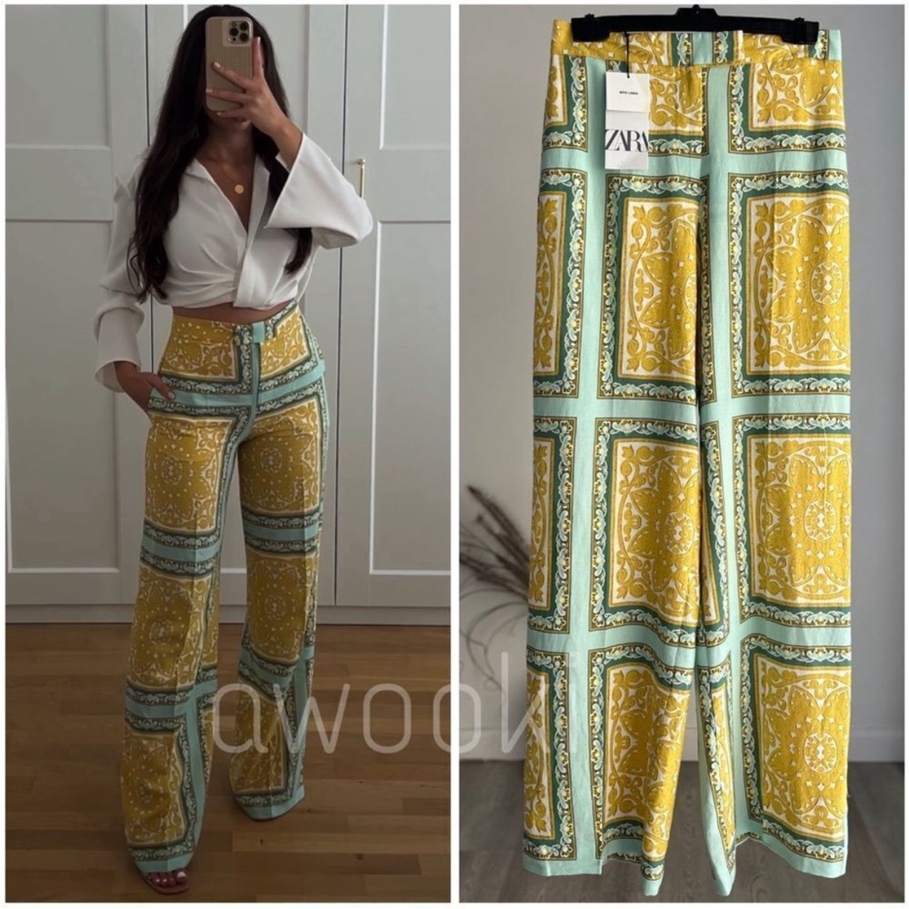 LINEN BLEND PRINTED PANTS - Picture 1 of 10